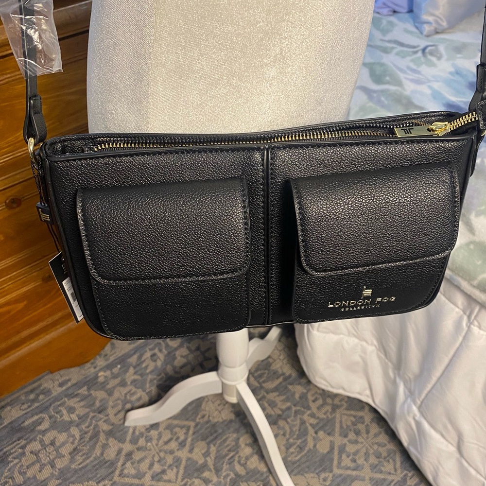 London Fog Collection Black Evelyn Multi Crossbody Bag with Multi-Pocket Design